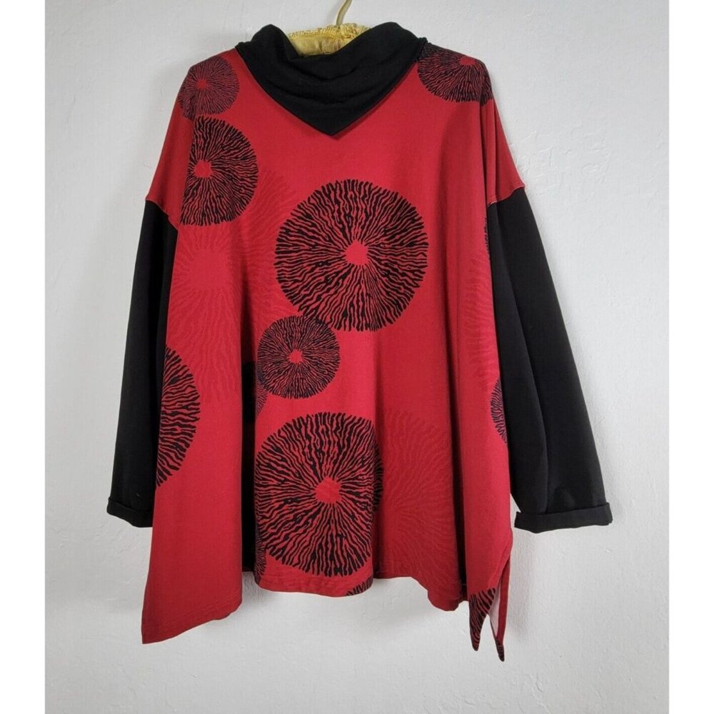 Cheyenne Sweater Womens S/M Red Black Print Knit Cowl Neck Pullover Lagenlook
